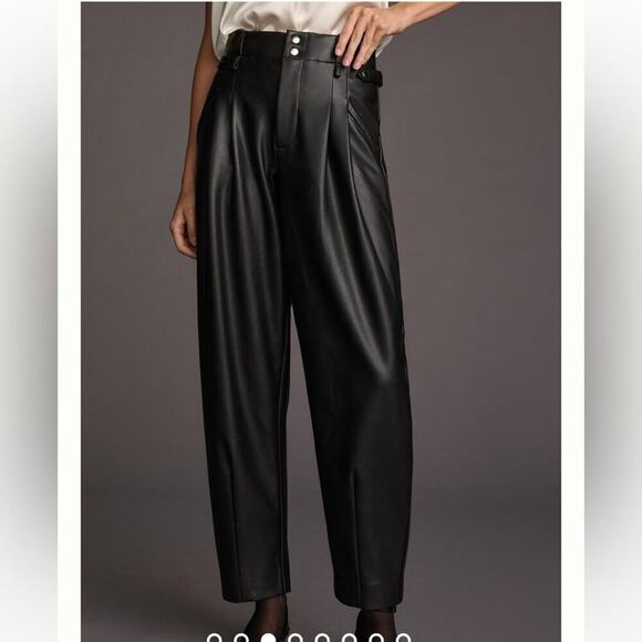 NEW Anthropologie Maeve black vegan leather taper pleated pants - Picture 2 of 16